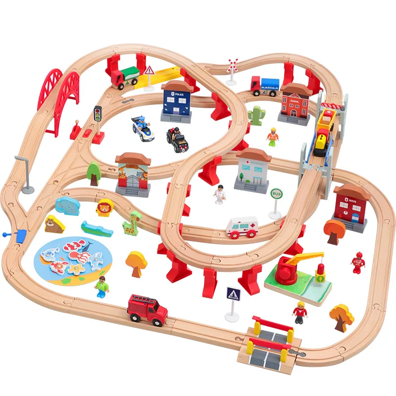 

Children's Wooden Train Track Set Simulates Urban Life Circular Overpass Scene to Building Educational Toys Boys and Girls Gifts