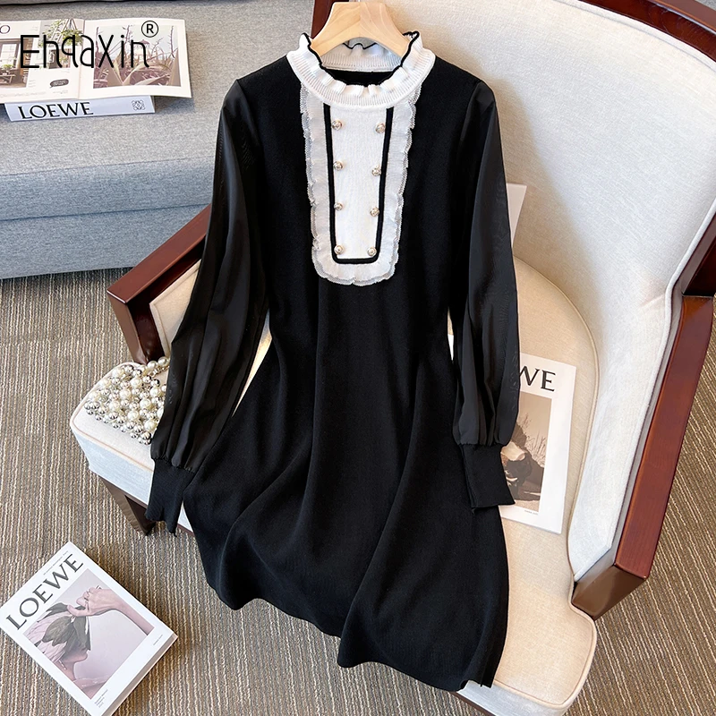 

EHQAXIN Autumn Winter New Women's Dress Fashion 2022 Mesh Stitching Wood Ear Knitted Loose Casual Dresses For Female M-4XL