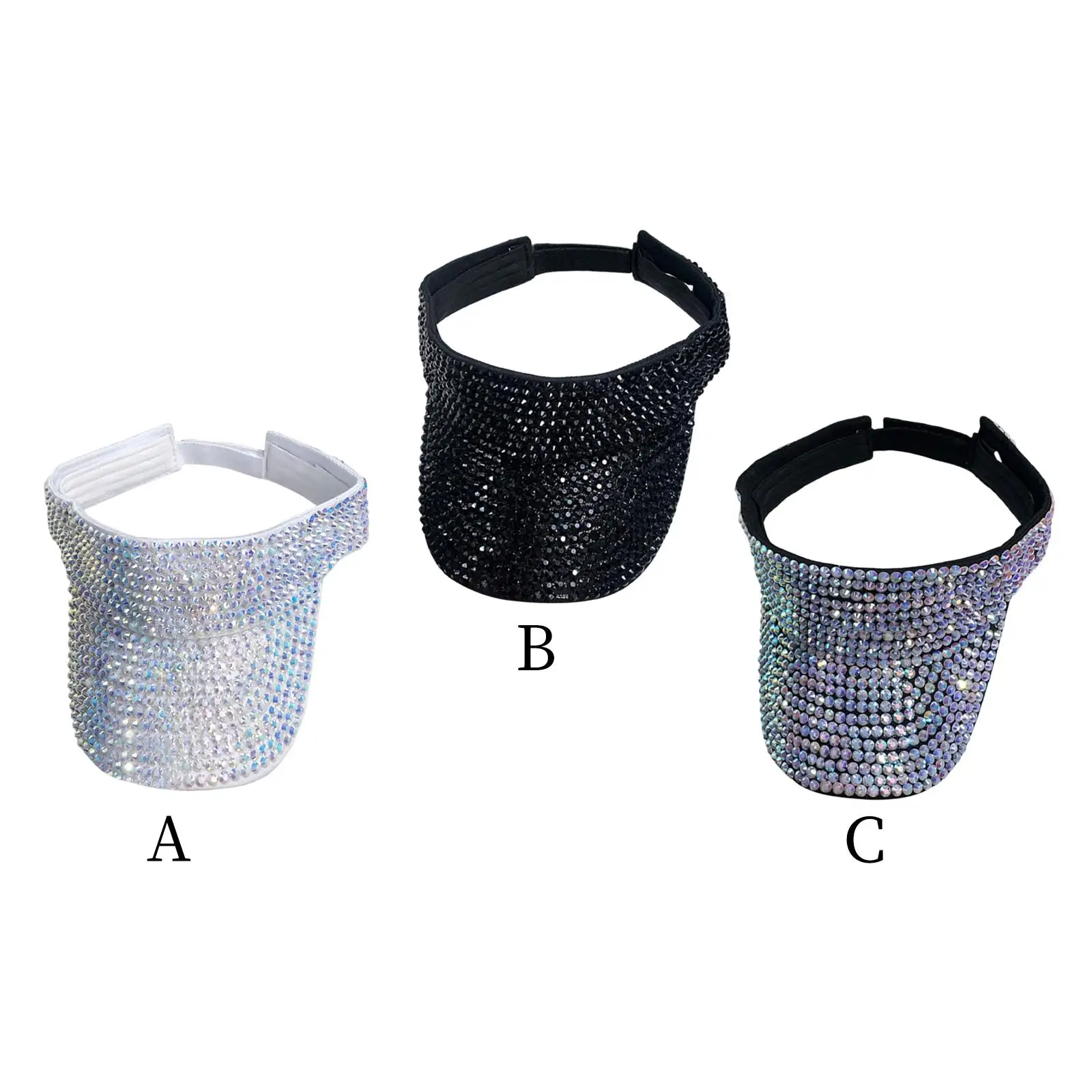 Shiny Bling Rhinestone Visor Sun Hat Adjustable Wide Brim Empty Top Glitter Hat for Golf Baseball