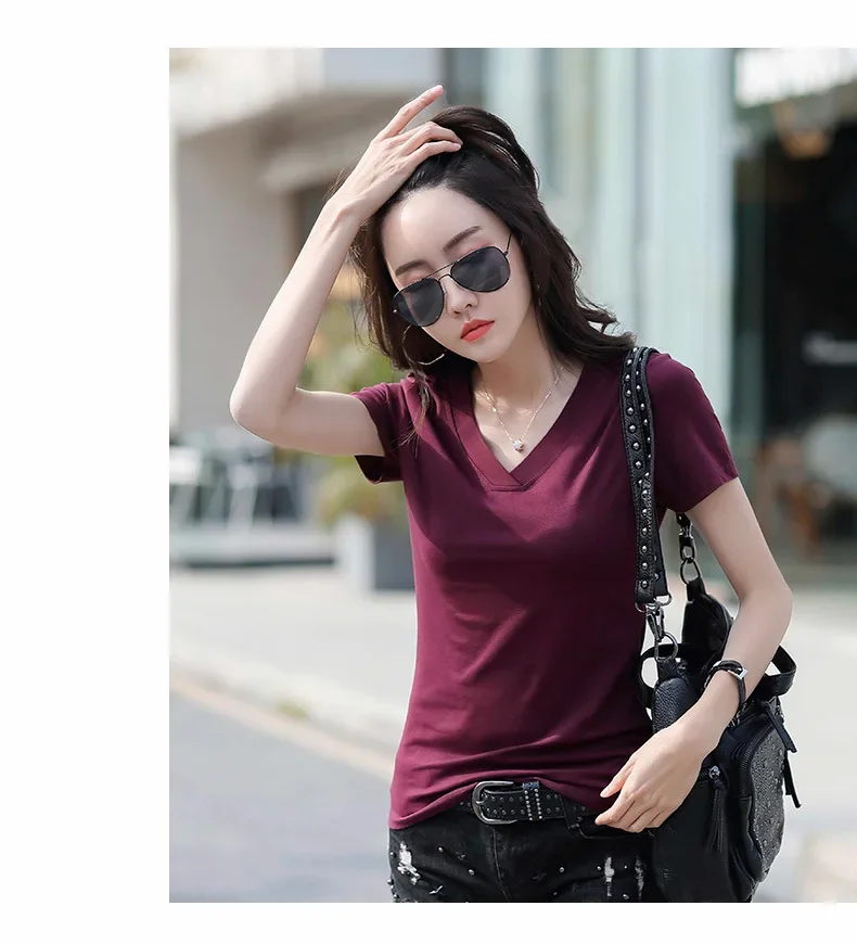 White V-neck Sleeved T-shirt for Women's Summer Wear 2024 New Korean Version Loose Half Sleeved T-shirt Short Upper Garment