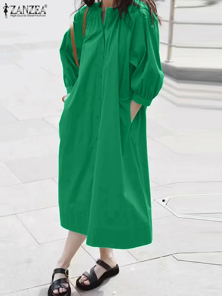 

Платье ZANZEA женское однотонное с круглым вырезом, праздничный элегантный сарафан средней длины с рукавом 3/4, свободное на пуговицах, на весну