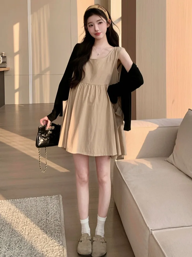 2026년 봄 여름 신상 스윗 임부복 민소매 베스트 원피스 블랙 오픈 가디건 투피스 세트 한국 스타일 일반 두께