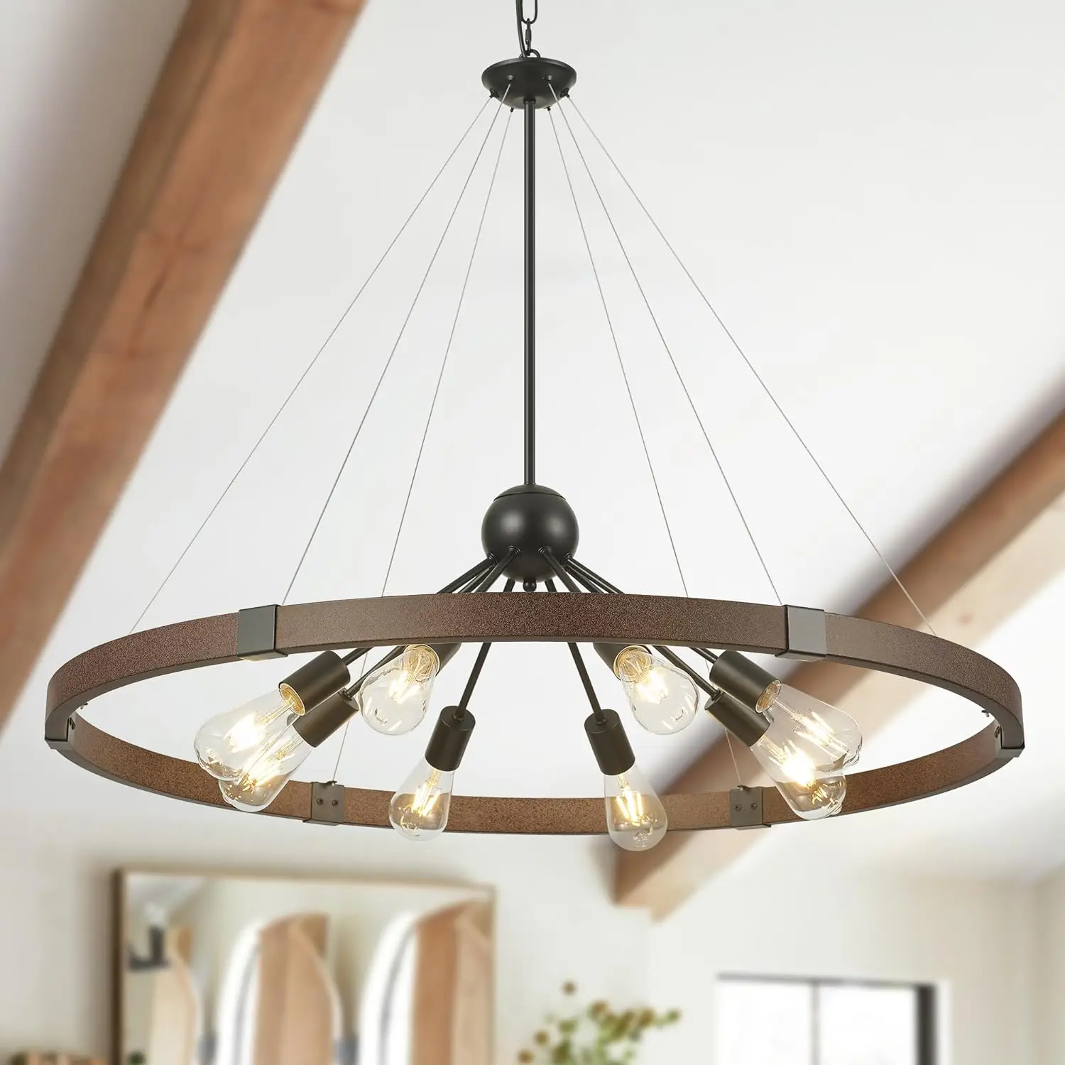 

Rustic Farmhouse Wagon Wheel Ceiling Lights with Adjustable Chain Round Vintage Metal Chandelier for Dining Room Kitchen Bedroom