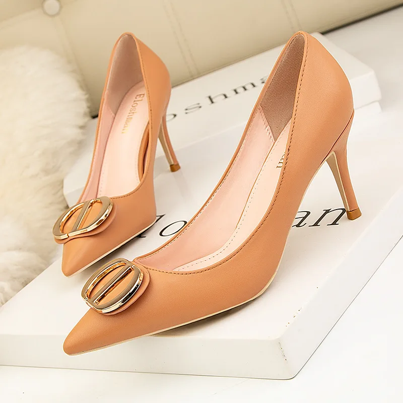 2022New Metal Buckle Fashion High Heels Shoes Women Pumps Pointy Toe Soft Leather Female Wedding Dress Shoes Black Shallow Heels