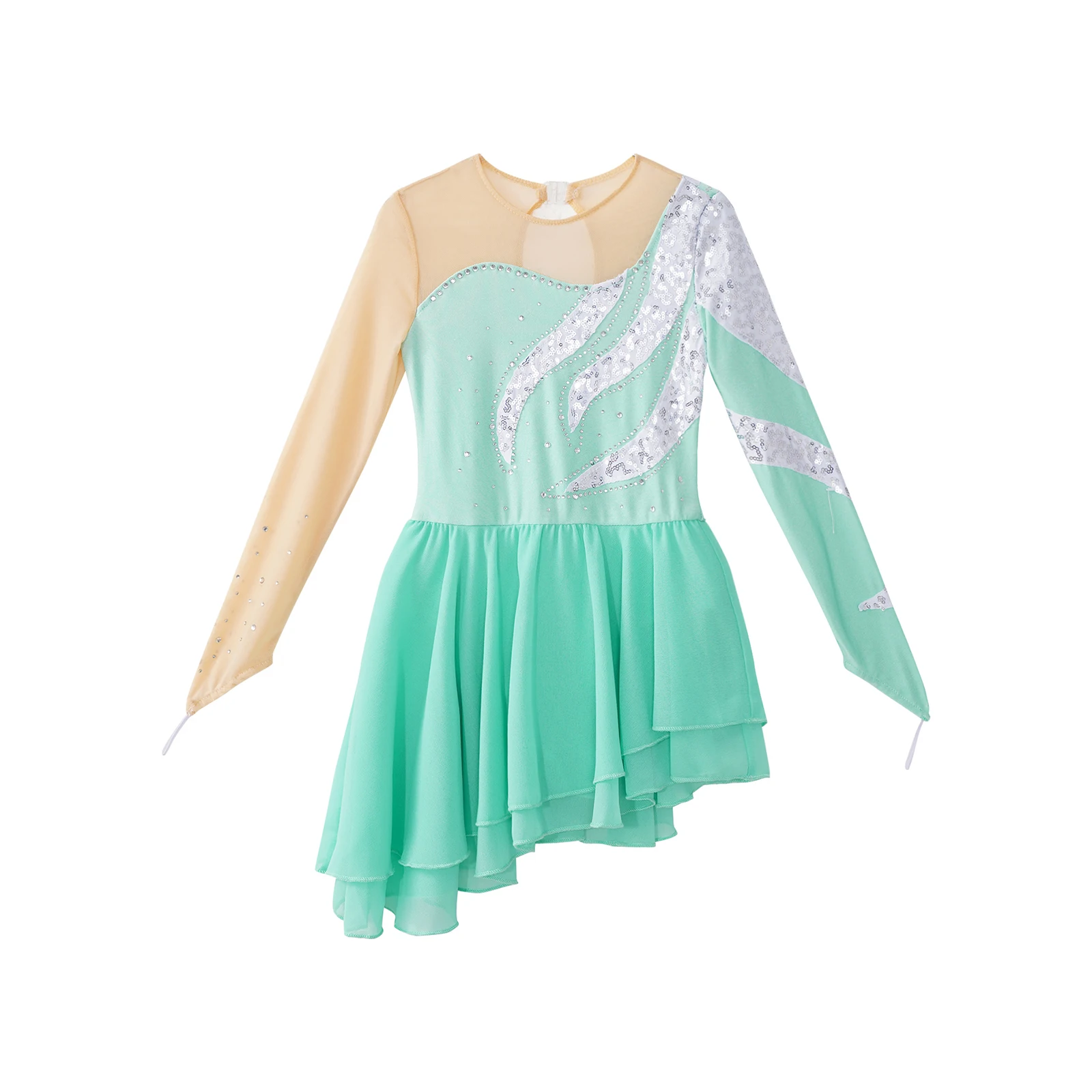 Kids Girls Figure Ice Skating Dress Long Sleeve Floral Sequin Tutu Ballet Dress Gymnastics Leotards Stage Performance Costume