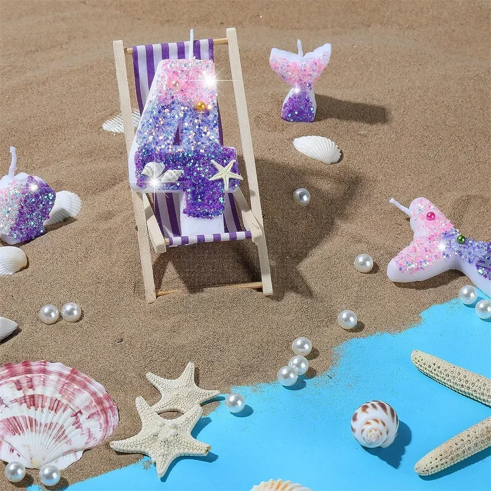 Cake candles Gradient Purple 1 Year Mermaid for Party Decoration Sparkly Seafish Conch Topper