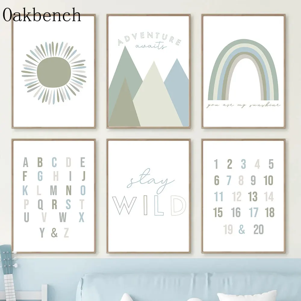 Alphabet Wall Poster Sun Rainbow Print Pictures Mountain Canvas Poster Wild Adventure Wall Art Nursery Poster Kids Room Decor