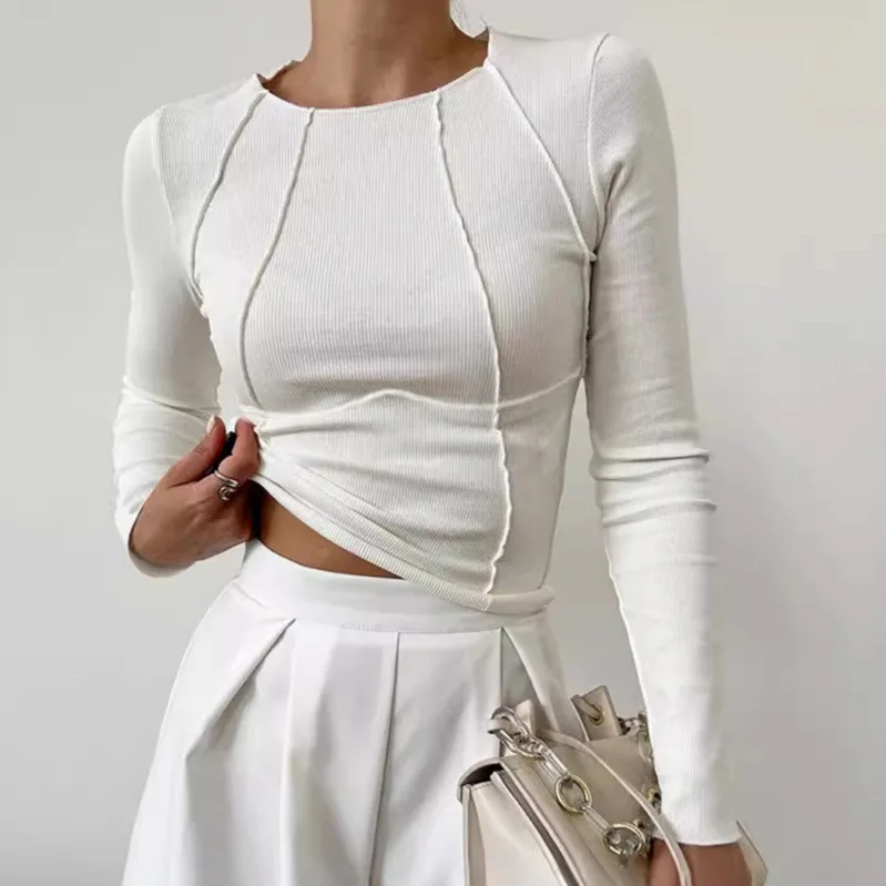 Pink Striped Long Sleeve Slim Fit Cropped T Shirt For Women