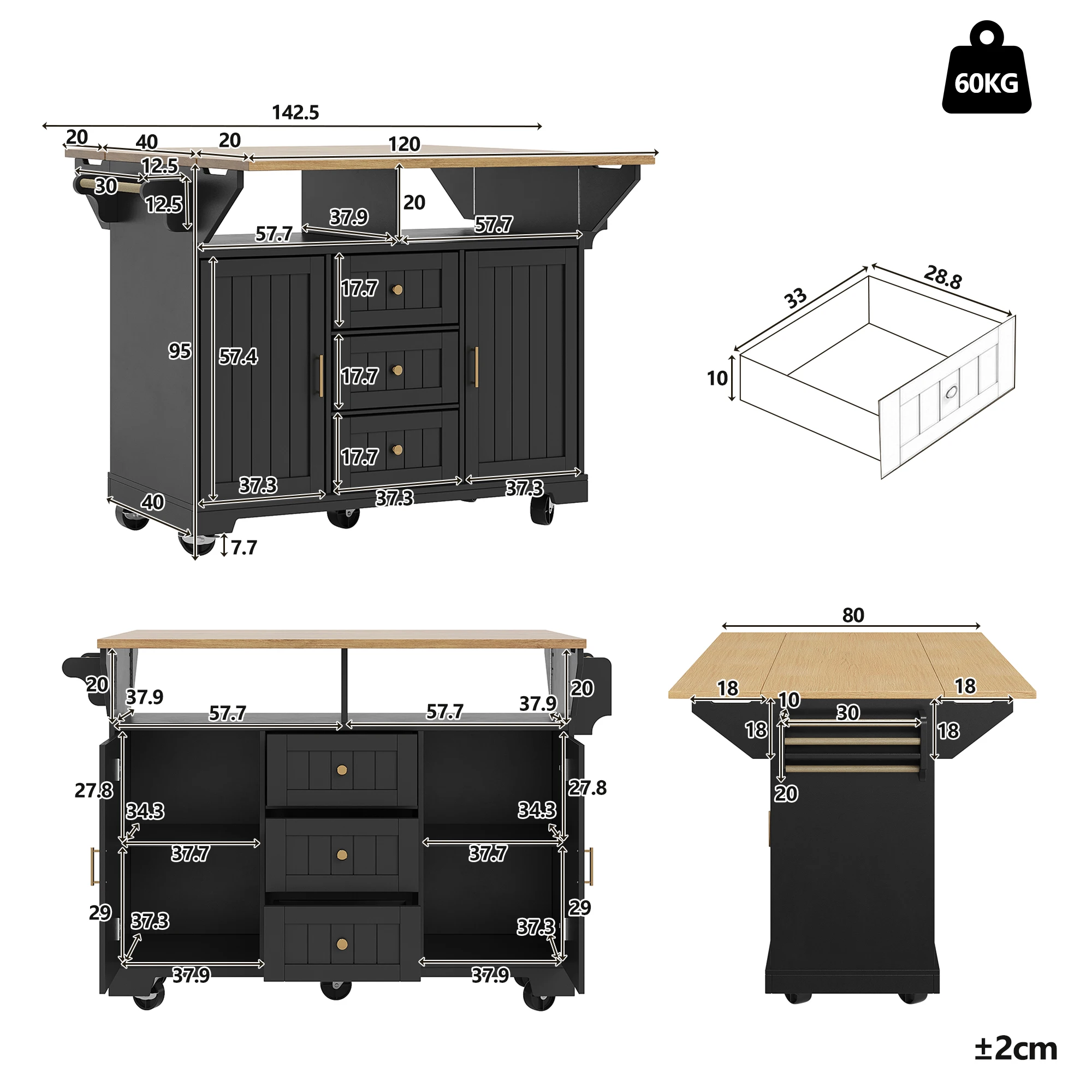 120 x 40 (80) x 95 cm Kücheninsel- und Buffetschrank – rollender doppelseitiger ausziehbarer Trolley, Türen + Schubladen, Handtuchhalter und Gewürzregal – Detail 5