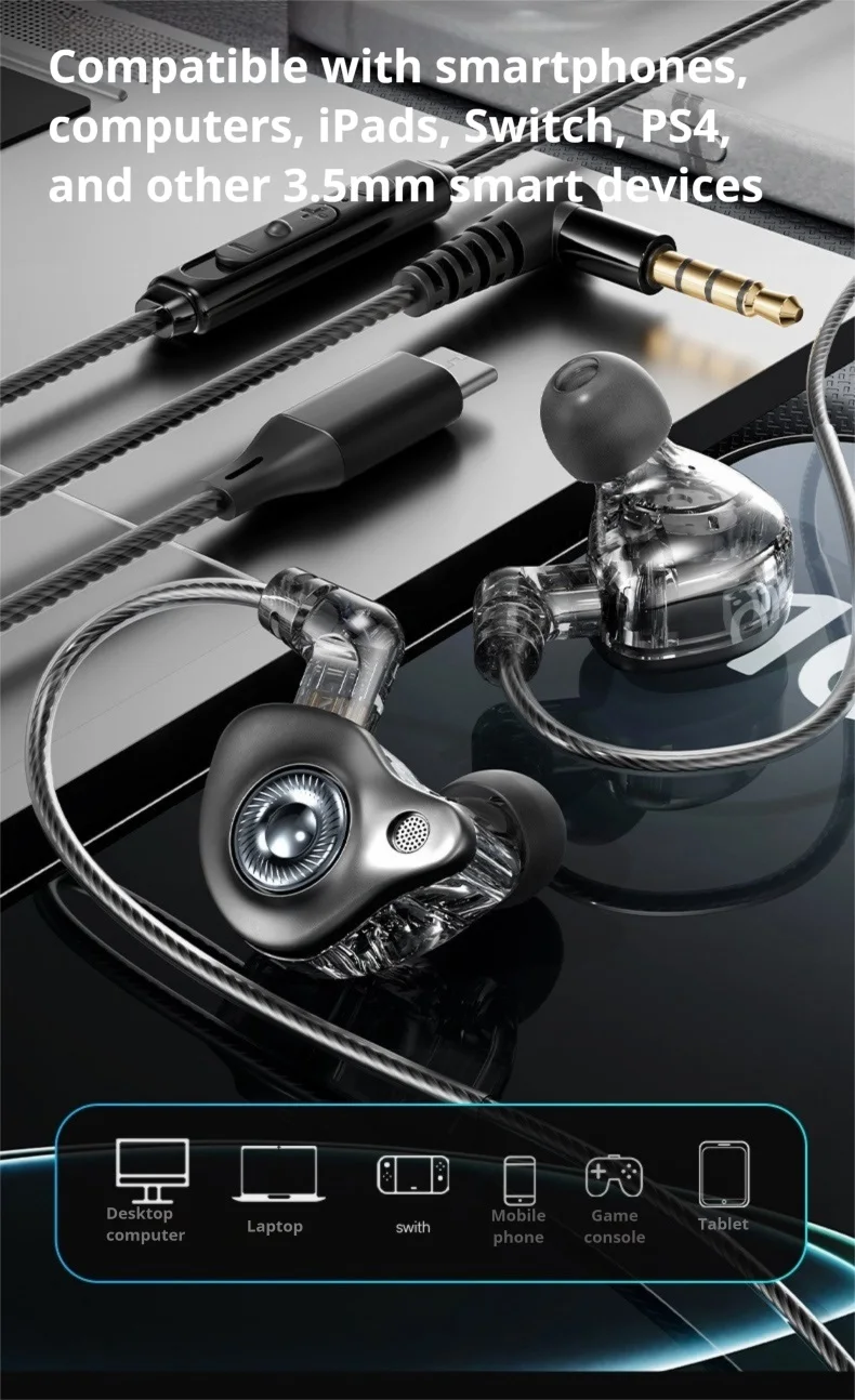 Écouteurs intra-auriculaires EARDECO HIFI 3,5 mm et USB-C avec câble détachable, pour le jeu et le sport, avec basses surround 9D._voghion.com