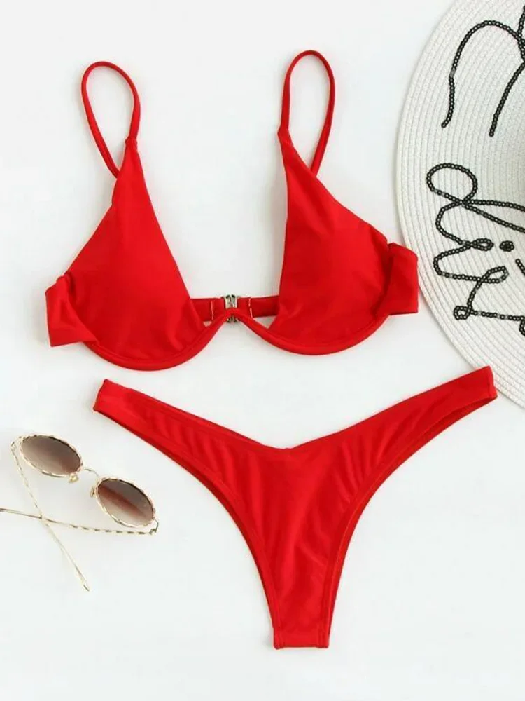 2026 Summer New Two Piece Women's Solid Color Sexy Bareback Bikini Split Swimsuit Bikini Set High Waist Beach Vacation