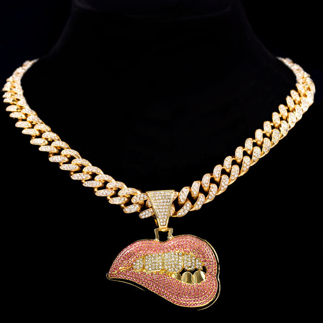 Hop Bite Lip Shape Full Rhinestones Cuban Chain Necklace for Men Women Iced Out Zircon Tennis Chain Necklace Punk Jewelry