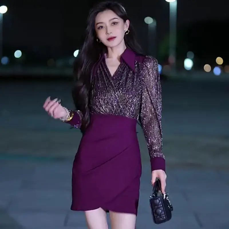 New Temperament Sexy Spicy Girl Dress for Women in Spring Spliced Slim Fit Fake Two-piece Waist Cinching Slimming Bag Dresses