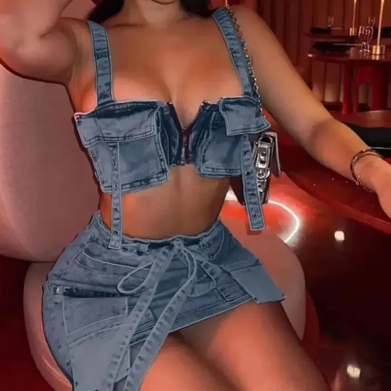 Fashion 3D Pockets Splicing Decoration Denim Two Piece Sets Women Suspenders Backless Ultra Short Top Lace-up Skirt Female Suits