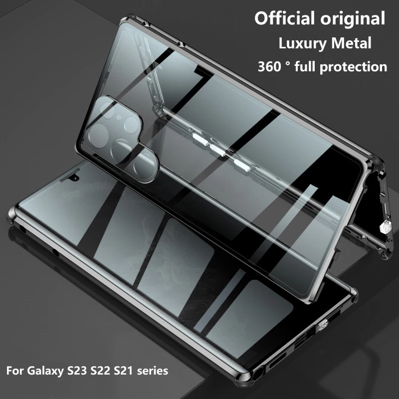 

For Samsung Galaxy S23 S22 S21 Note20 Ultra Plus Case Luxury Metal 360° Magnetic HD Glass Camera Protect Shockproof Cover Bag
