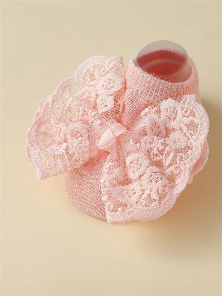 2 Teile/satz Baby Bogen Stirnband Socken Set Kleinkind Mädchen Spitze Druck Bowknot Elastische Haarband Weiche Anti-slip Socke Kinder zubehör 0-1Y – Detail 7