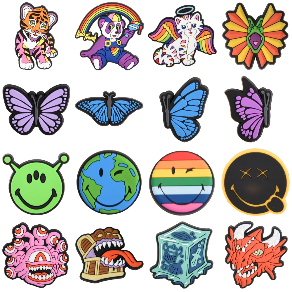 New Arrival 1 Pieces Colorful Rainbow Croc Shoe Charms Yellow Duck Cartoon Shoes Decorations Butterfly Animals Earth Accessories