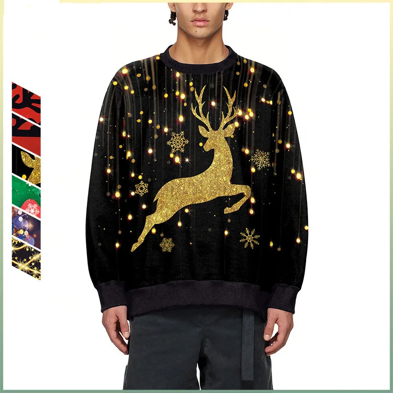 

Deer Printed Ugly Christmas Sweatshirt for Women Men Oneck Winter Sweater Couple Red Maxi Womens New Year 2024 Sueter Mujer Tree