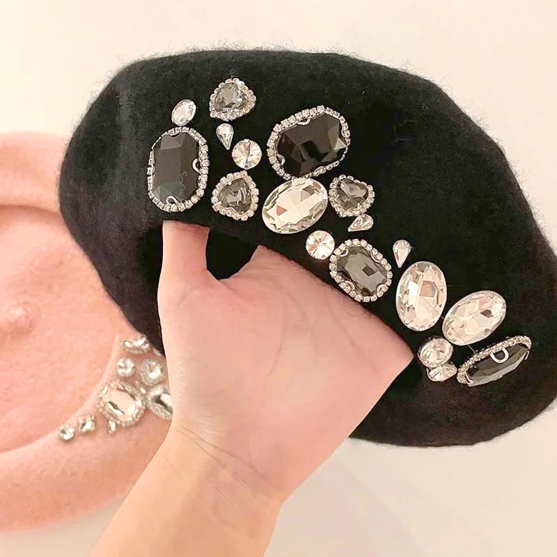 Hot Sale Beret Lady Thick Rhinestone Brimless Thermal Decor Wool Artist French Style Painter Hat Women Headwear_vogarts.com