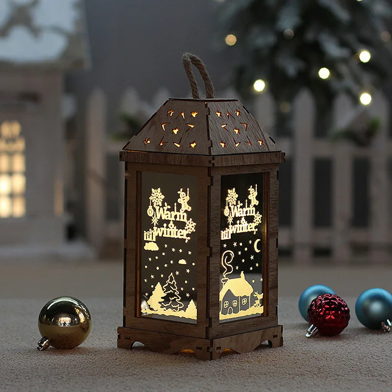 

Деревянный Рождественский фонарь, Светодиодный светящийся ветровой светильник с питанием от аккумулятора, подвесные украшения для рождественской елки 2024, Рождественское украшение