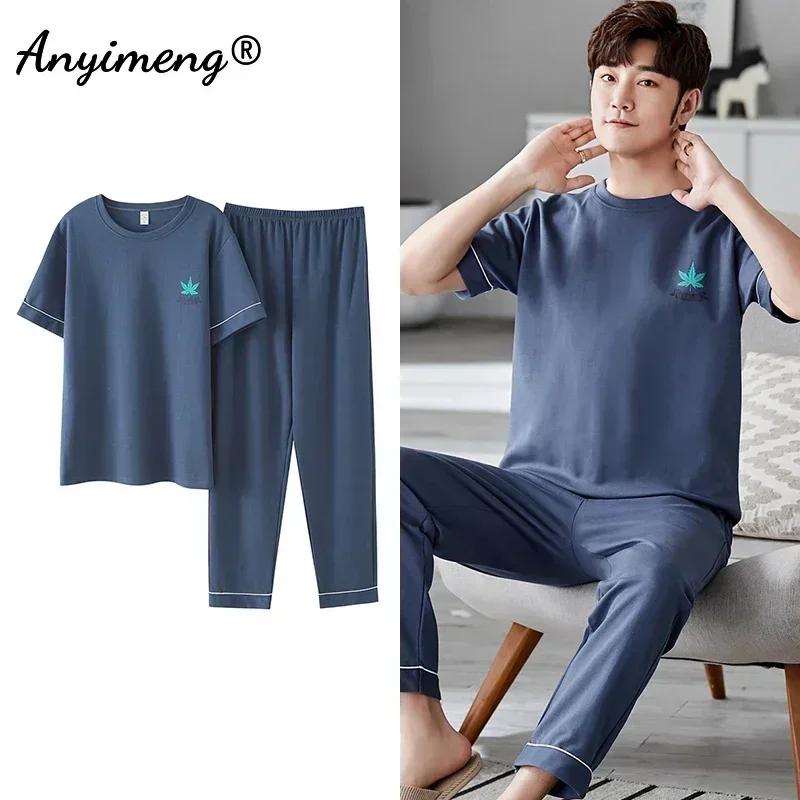 Mens Pajamas 3xl 4xl Sleepwear Short Sleeved Long Pants Cotton Leisure Pyjamas Boy Plaid Pants Men Summer Nightwear