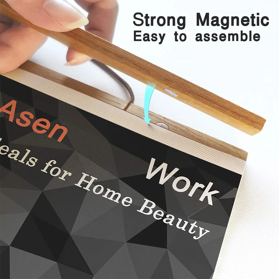 Magnetic Poster Hanger Teak Pine Wood Scroll Painting Frame Wood Photo Frame Black White Canvas 21 30 40 50 60cm