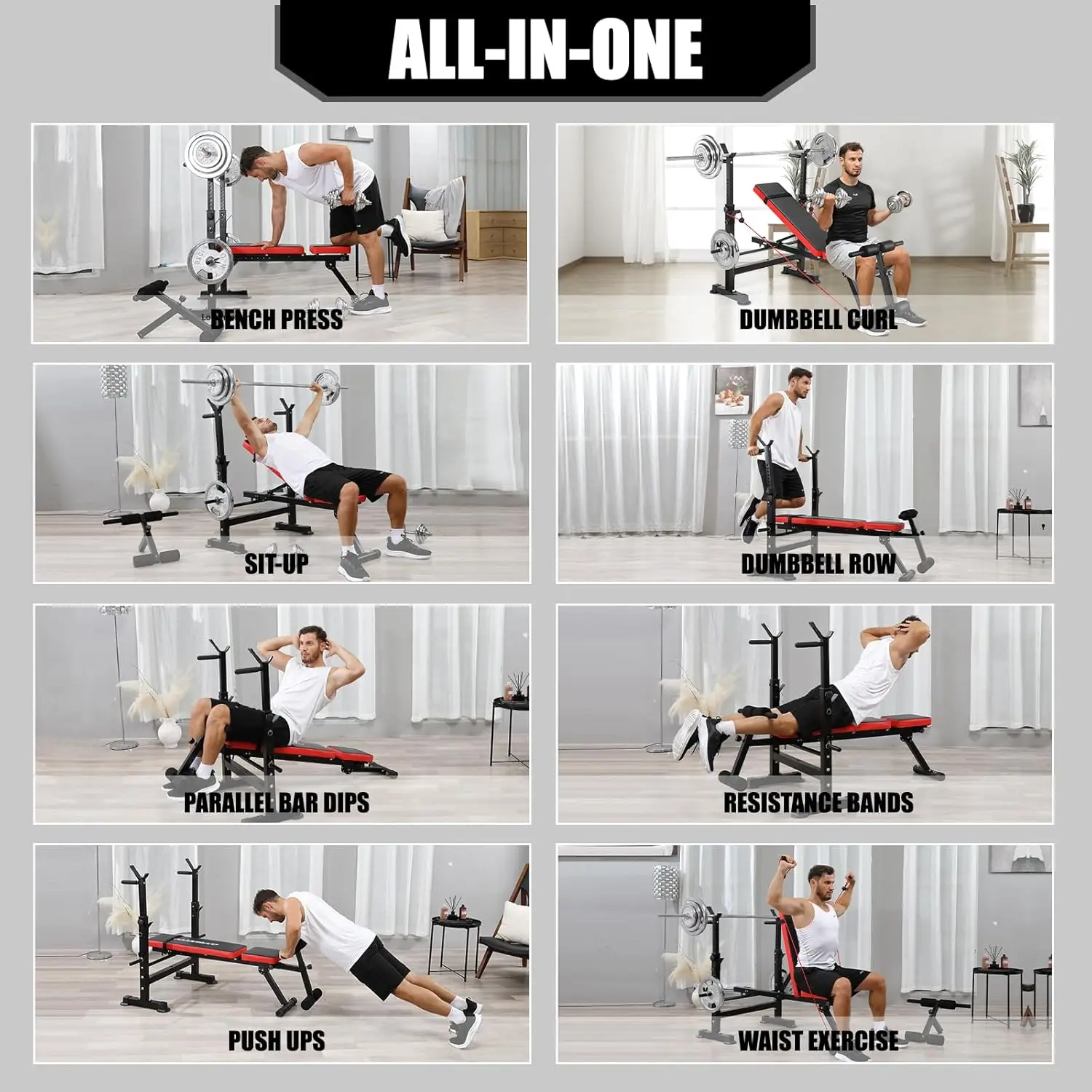 6 in 1 Adjustable Weight Bench with Squat Rack and Removable Foot Bracket, 600lbs Bench Press Set Workout with Weight Stor