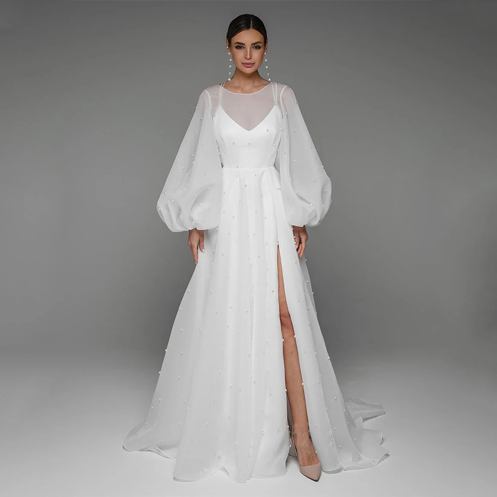 

Modern Pearls Wedding Dresses Puff Sleeves Round Neck Back Criss Corss High Split A Line Organza Bridal Gowns Custom Design