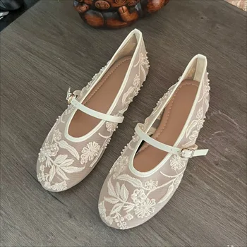 Summer Shoes Women Summer Shoes Ladies pumps Ladies pumpy Shoes Embroidered Shoes, Mesh Shoes Elegant Shoes Buckle Strap Shoes White Ladies Shoes, Wome Flat Shoes