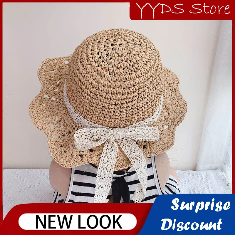 Children's Straw Hat Big-brimmed Bow Fungus Edge Sun Hat Beach Hat Woven Straw Hat Hollow Lace Sunscreen Hat