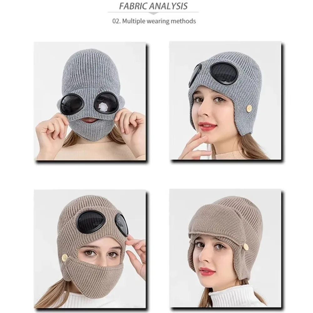 Mit Fleece gefütterte warme Wollmütze mit Maske, Bekleidungszubehör, Strickmütze im koreanischen Stil, Strickmütze, Aviatror-Brille, Ohrenschützer, Mütze – Detail 13