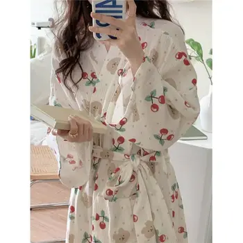 여성용 캐주얼 느슨한 크레이프 코튼 로브, 레이스업 목욕 가운, 달콤한 기모노, 체리 베어 프린트 드레싱 가운, S-XL, 봄, 가을