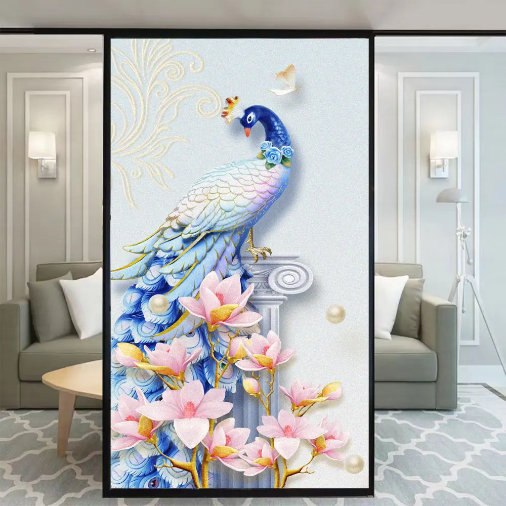 

Privacy Window Film Decoration Peacock Frosted Painting Glass Window Stickers Glue-Free Static Adhesive Glass Film Window Tint
