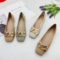 Square Toe Flat Shoes for Women Spring Autumn Korean Fashion Buckle Up Chain Comfort Large Size 43 44 45 loafers ladies shoes 2