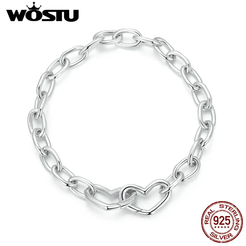 

WOSTU 925 Sterling Silver Double Hearts Chain Bangle Bracelet Fit Charm Beads Basic Opening Bracelet Wristband Jewelry Gift