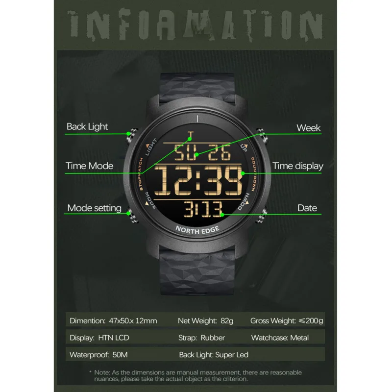 NORTH EDGE Outdoor Sports Watch For Men Digital Waterproof 50M Stopwatch Alarm Clock Metronome Countdown Men Watch Reloj Hombre