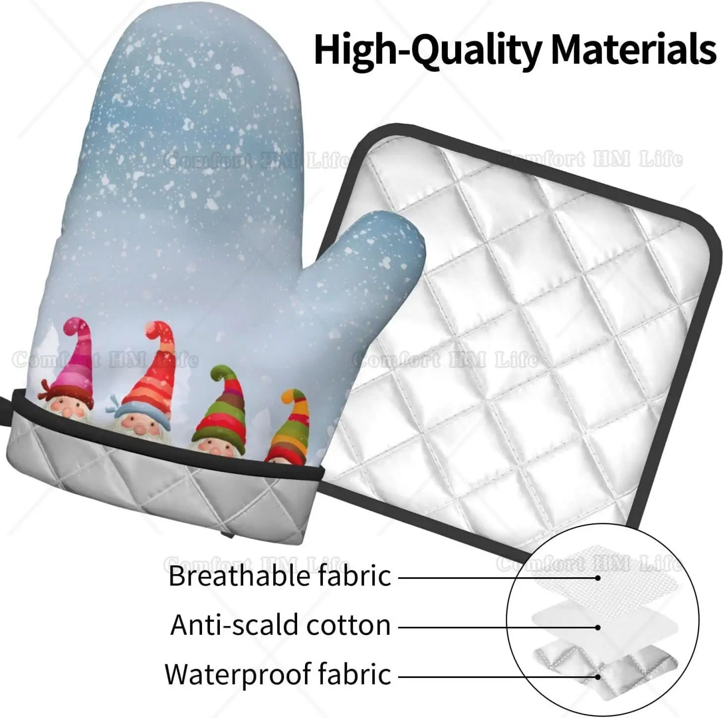 Heat Resistant Oven Mitt and Pot Holders 2 Piece Set Christmas Winter Gnomes Cotton Lining Non-Slip Kitchen BBQ Oven Gloves