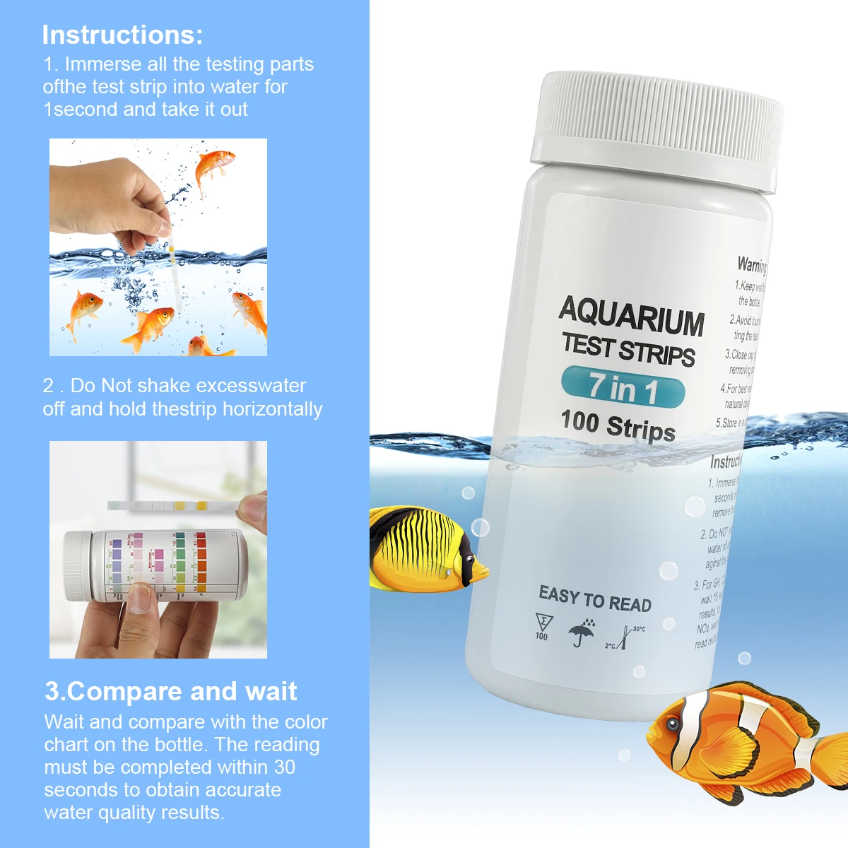 100pcs 7-IN-1 Aquarium Test Strips Fish Tank Test Kit Freshwater Saltwater Aquarium Water to Detect PH NO3 NO2 GH KH CI TCL