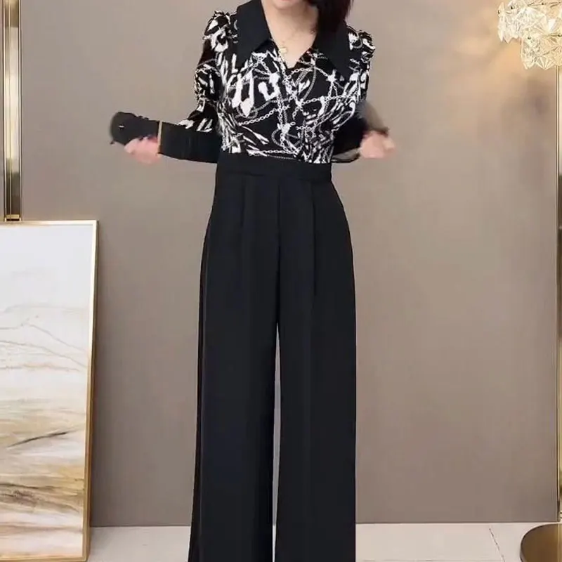 Vintage Stylish Printed Patchwork Jumpsuits Women's Elegant High Waist Summer Casual Turn-down Collar Wide Leg Long Jumpsuits