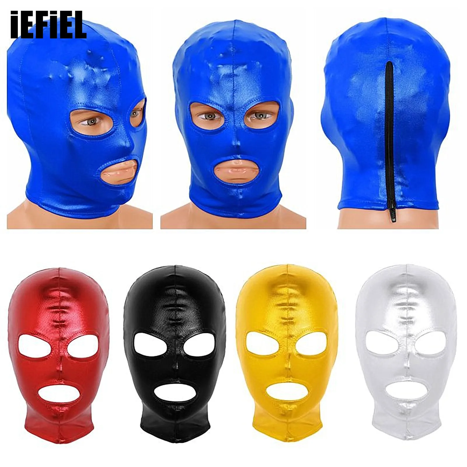 

Unisex Shiny Metallic Mask Mens Womens Latex Open Eyes Mouth Headgear Full Face Mask Hood for Role Play Costume