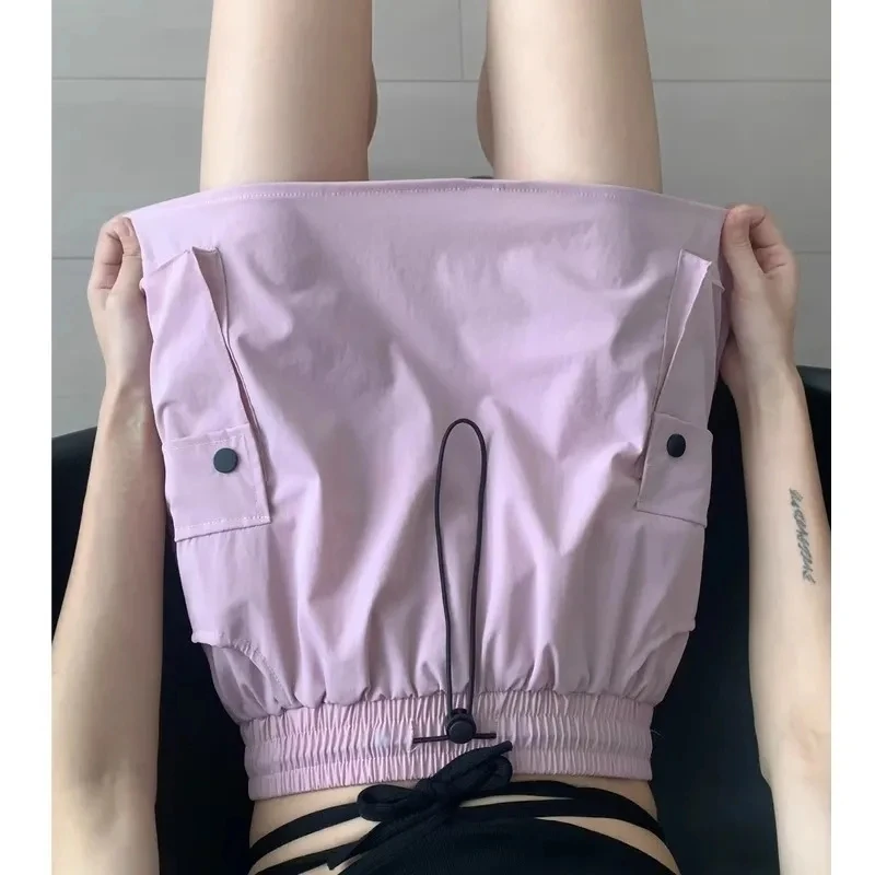 

Preppy Workwear Mini Skirts Women's Clothing Summer Thin Drawstring Elastic High Waist A-line Slim Grey Short Skirt Pants BC467