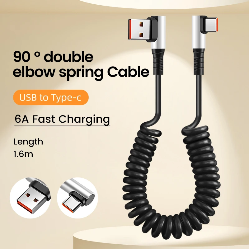 thumbnail image 1 of Cable USB C a tipo C con resorte PD 6A, carga ultrarrápida, cable de datos, cargador de coche tipo C dual para iPhone 15, Pro y Samsung, 1 of 5
