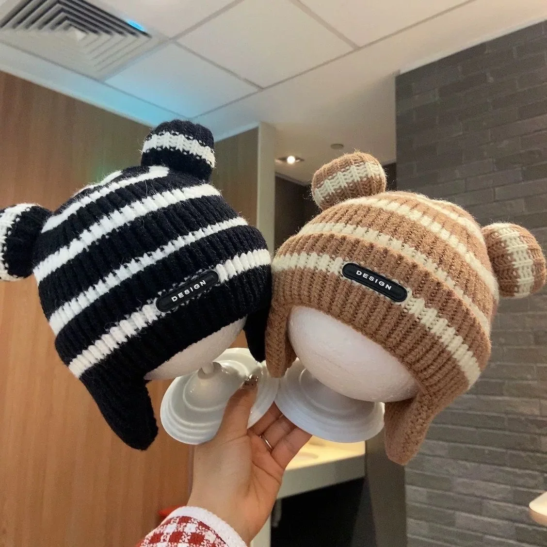 Classic striped children's ear protection cap fall and winter models baby knitted wool cap men and girls fashion warm pullover c