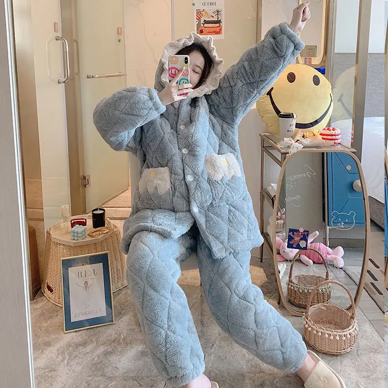 Autumn Winter New Pajamas Suit Women Warm Sleepwear Nightwear 2PCS Sleep Set Flannel Thicken Pyjamas Shirt&Pants Homewear
