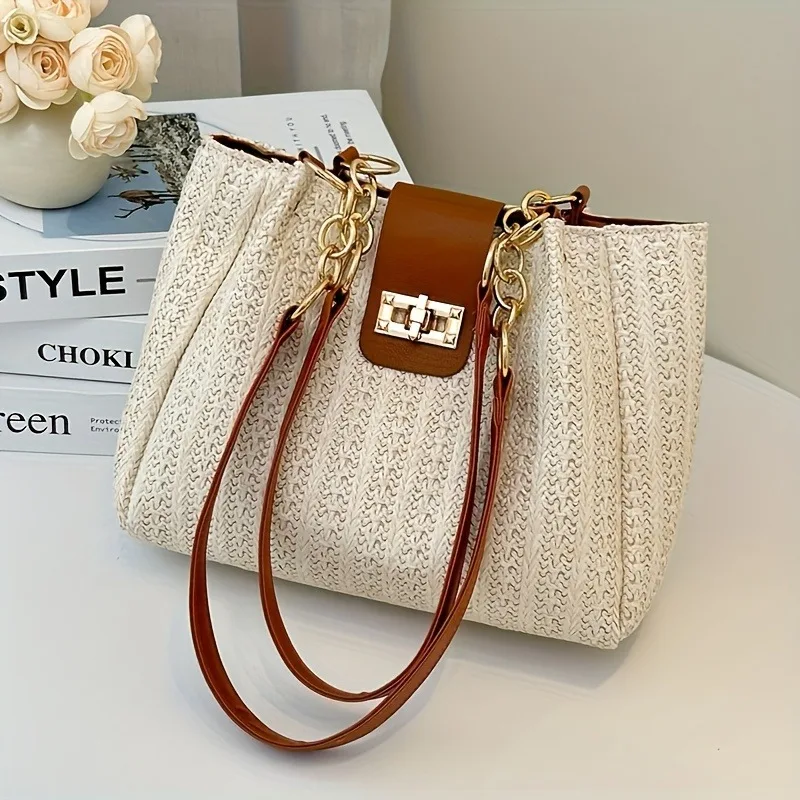 GrassWovenPatchworkLeatherKoreanVersionShoulderBagFashionableWomen