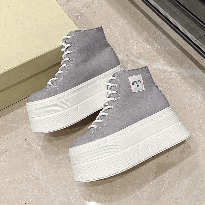 7.5CM 여성 발목 부츠 높은 플랫폼 Vulcanized 신발 웨지 힐 스니커즈 여성 봄 가을 두꺼운 단독 가죽 짧은 부츠