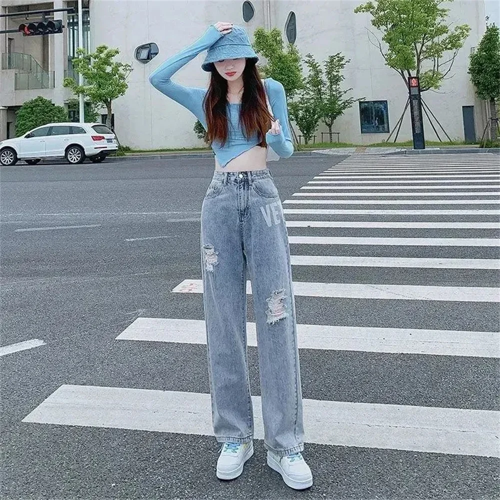 High Street Trousers Korean Gothic Letter Print Ripped Straight Jeans New Women High Waist Plus Size Loose Boyfriend Denim Pants armani jeans