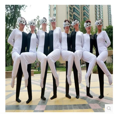 Black white optical illusion leg Siamese dance costumes Adult child Russian performance clothing personality ballroom dress
