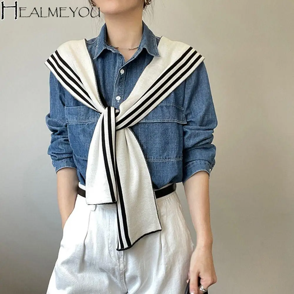 Top Shoulder Fake Collar Knitted Shawl Black and White Striped Scarf Knitted Shawl Simple Elegant Scarf