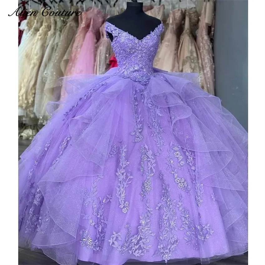 Princess Lavander Quinceanera Dresses Beads Floral Appliques Crystals With Bow Birthday Gown Sweet 15th Prom Party Customiz